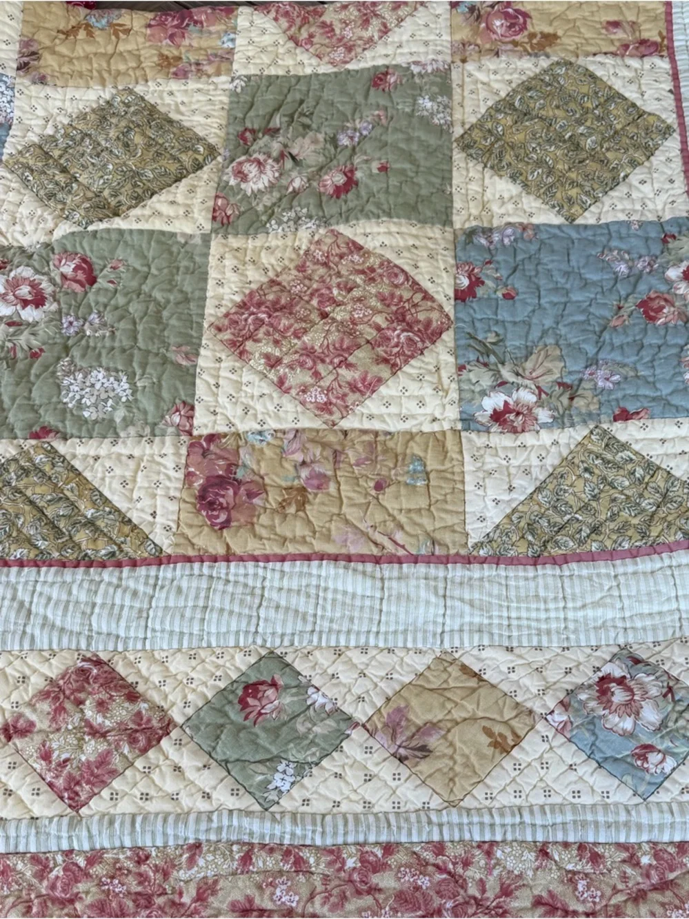 L.L. Bean Patchwork Country Quilt Reversible Floral Ticking Stripe Gauzy FLAWS